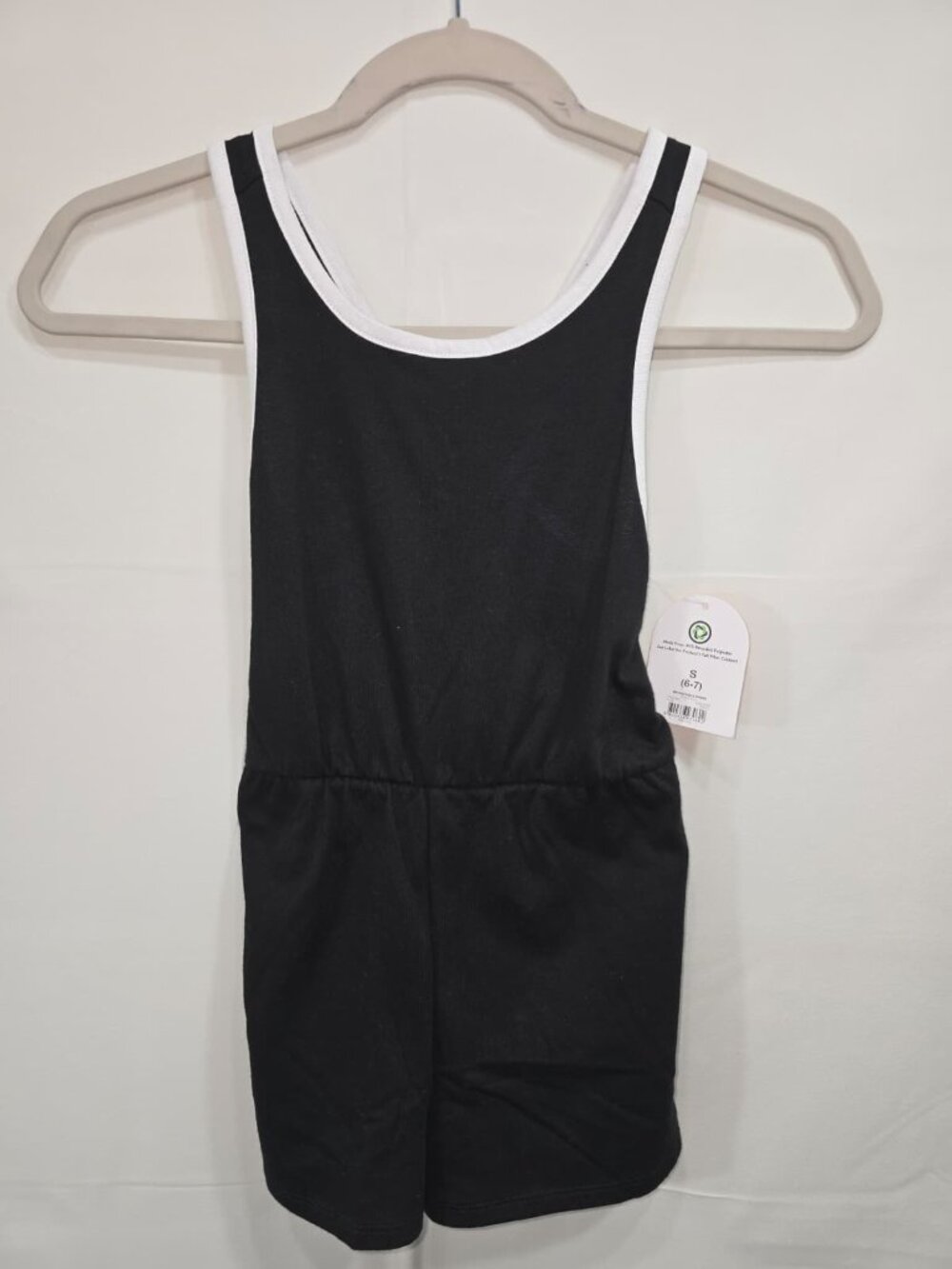 Girls Black Cross Back Romper Size S 6/7 White Trim Sleeveless NEW